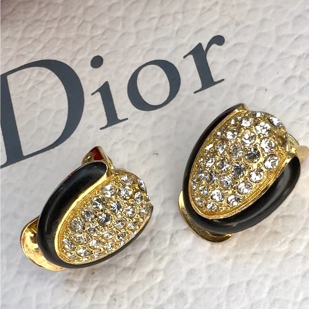 Christian Dior Vintage 1980s Oval Whole Crystals Black Gold Clip On Earrings - Picture 2 of 9